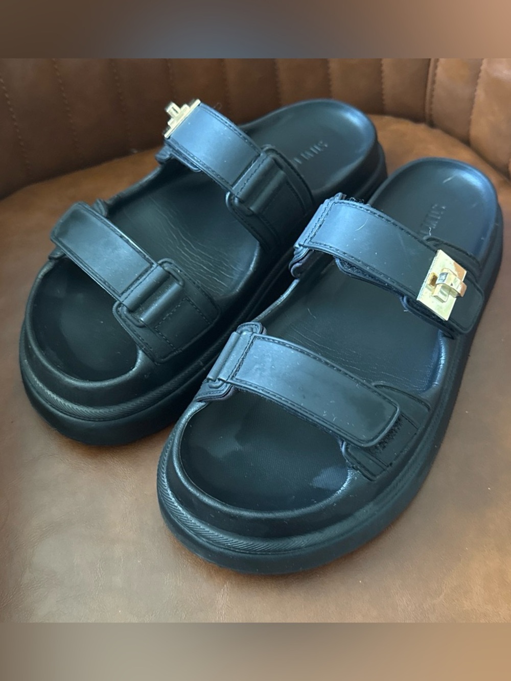 Steve Madden Black Slide Sandals with Gold Buckle